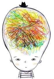 Image of a human being with a large brain that contains hastily drawn coloured lines which range from green and blue to yellow and red. 