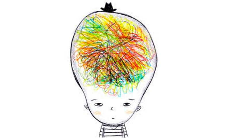 Busy mind - illustration of a large head with lots of coloured lines to represent a busy mind