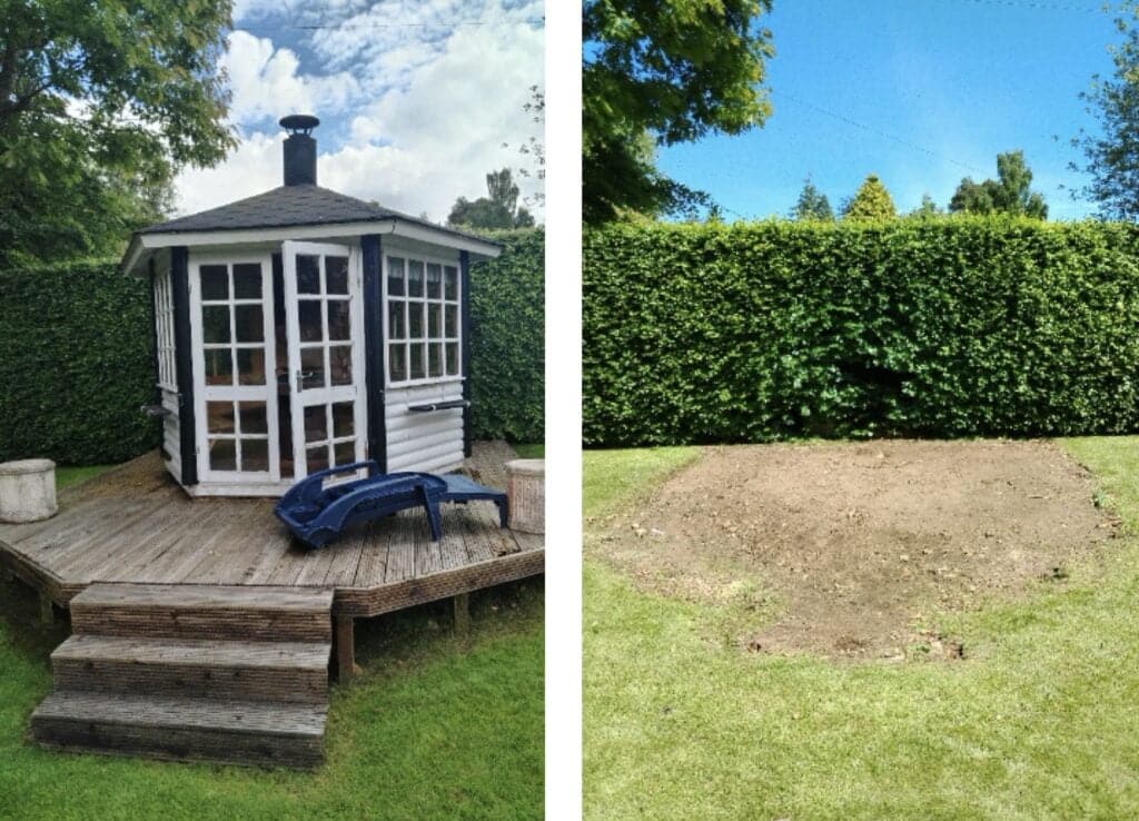 Two phots showing the site of an old summerhouse sat on decking, before and after demo and removal