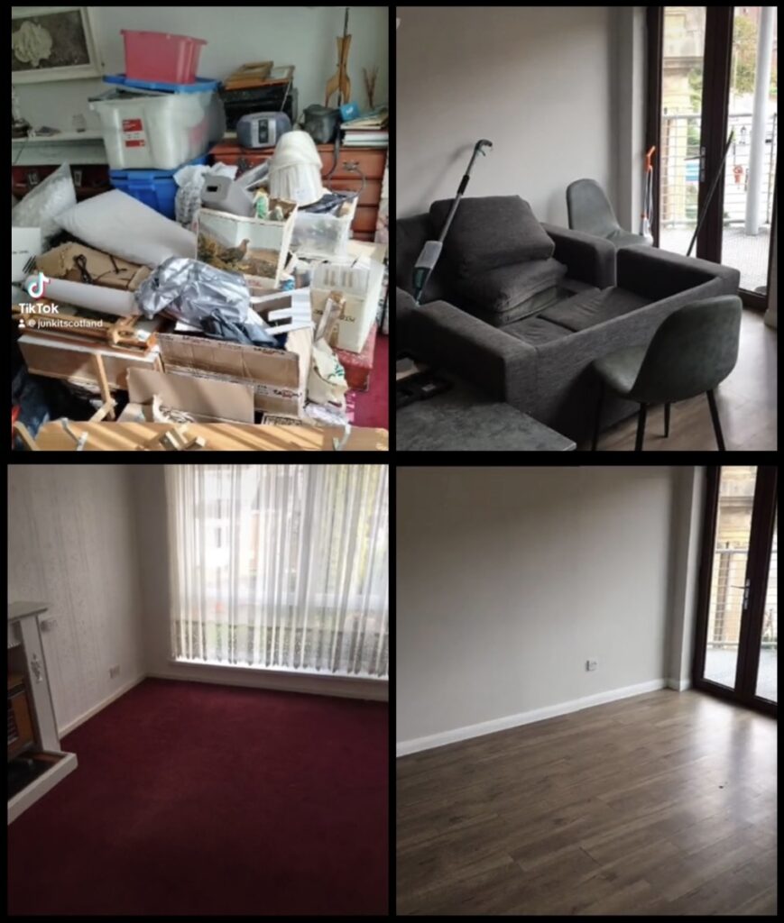 House clearances are what we do! This picture shows two before and after photos from a house clearance. The top two photos show furniture and household junk, the bottom two photos show the empty rooms after our crew have cleared the house.